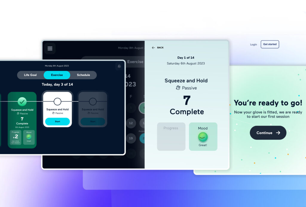 Example interfaces from the Bioliberty stroke rehabilitation app.
