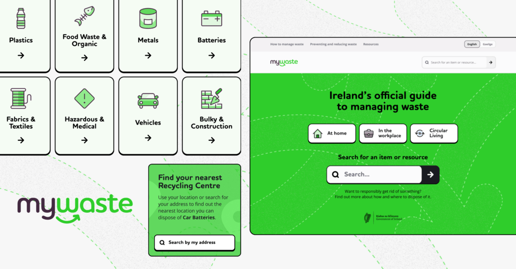 Collage of website components and screen designs from the mywaste.ie website.