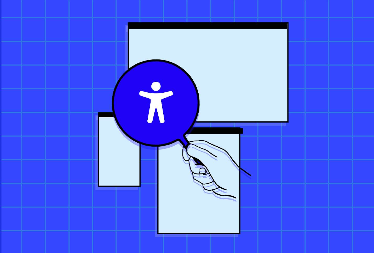 A magnifying glass, in a hand, focusing on an accessibility symbol.